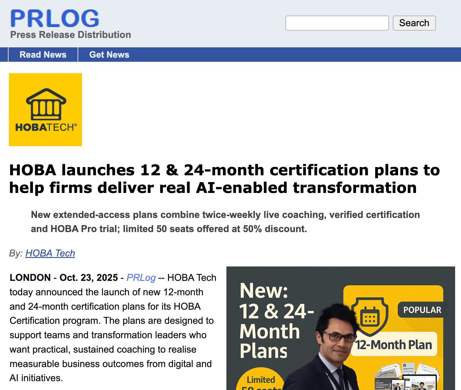 HOBA Certification new 12 and 24-month plans press release announcement 2025 HOBA Certification new 12 and 24-month plans press release announcement 2025