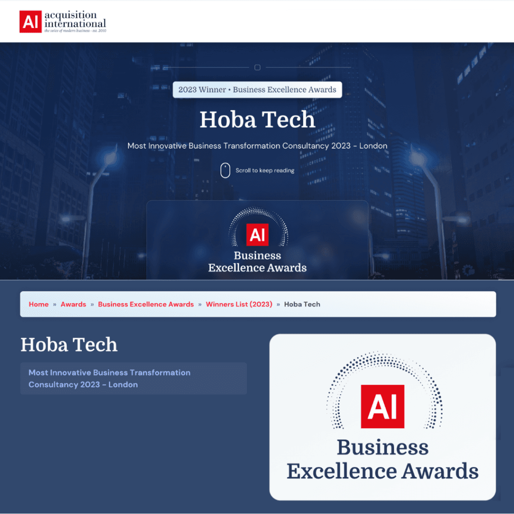 HOBA Tech Wins 2023 Business Excellence Award from Acquisition International HOBA Tech Wins 2023 Business Excellence Award from Acquisition International