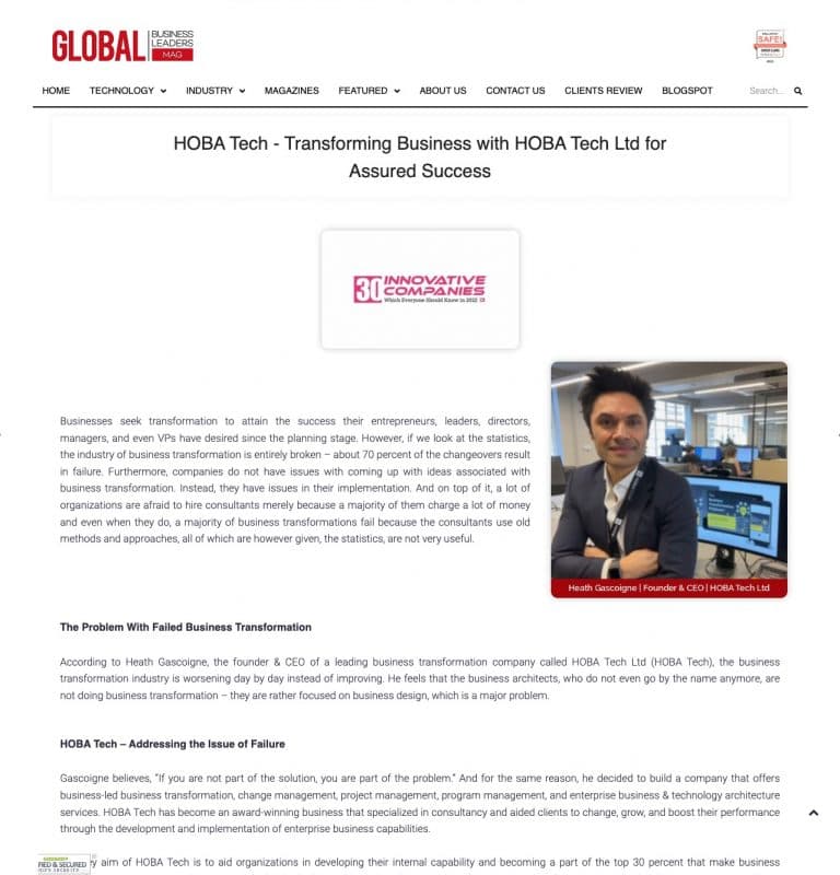 HOBA Tech featured Global Business Leaders Mag Top 30 Innovative Companies 2022 desktop view HOBA Tech featured Global Business Leaders Mag Top 30 Innovative Companies 2022 desktop view