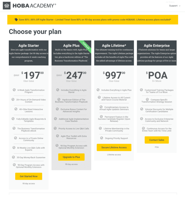 HOBA Academy plans and pricing table displaying new programs with 80% discount to unlock agile excellence HOBA Academy plans and pricing table displaying new programs with 80% discount to unlock agile excellence