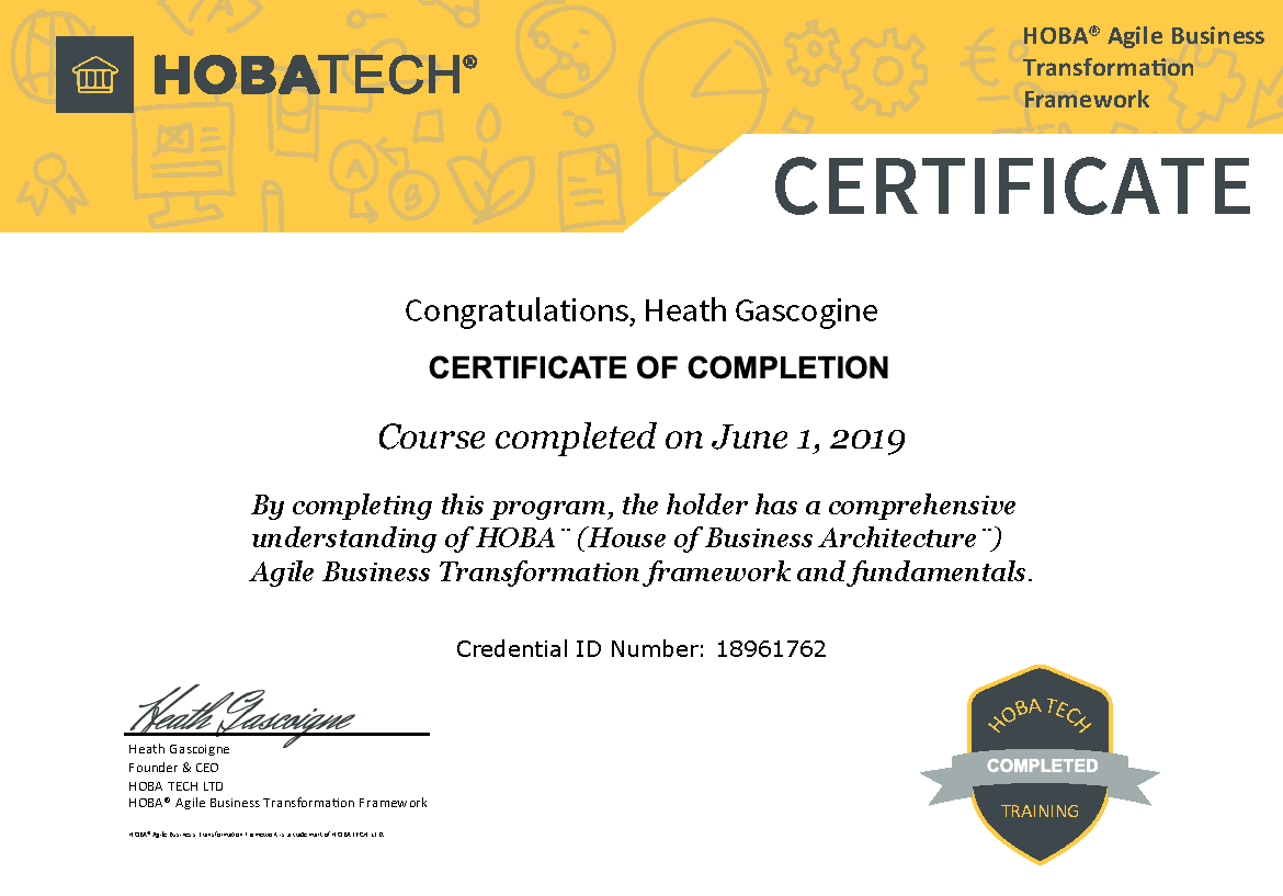 HOBA Business Transformation Bootcamp Certificate Completion