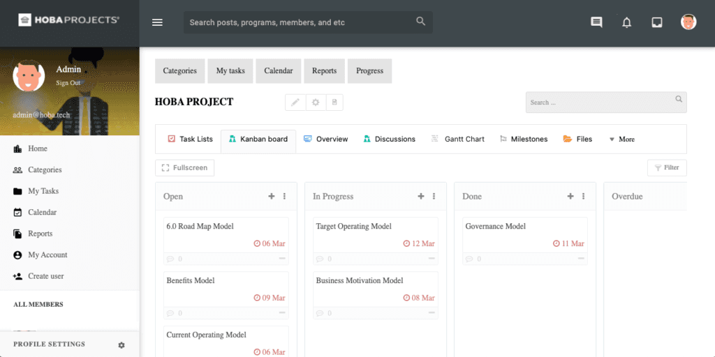 HOBA Project Kanban board view showing task management and workflow organization interface HOBA Project Kanban board view showing task management and workflow organization interface