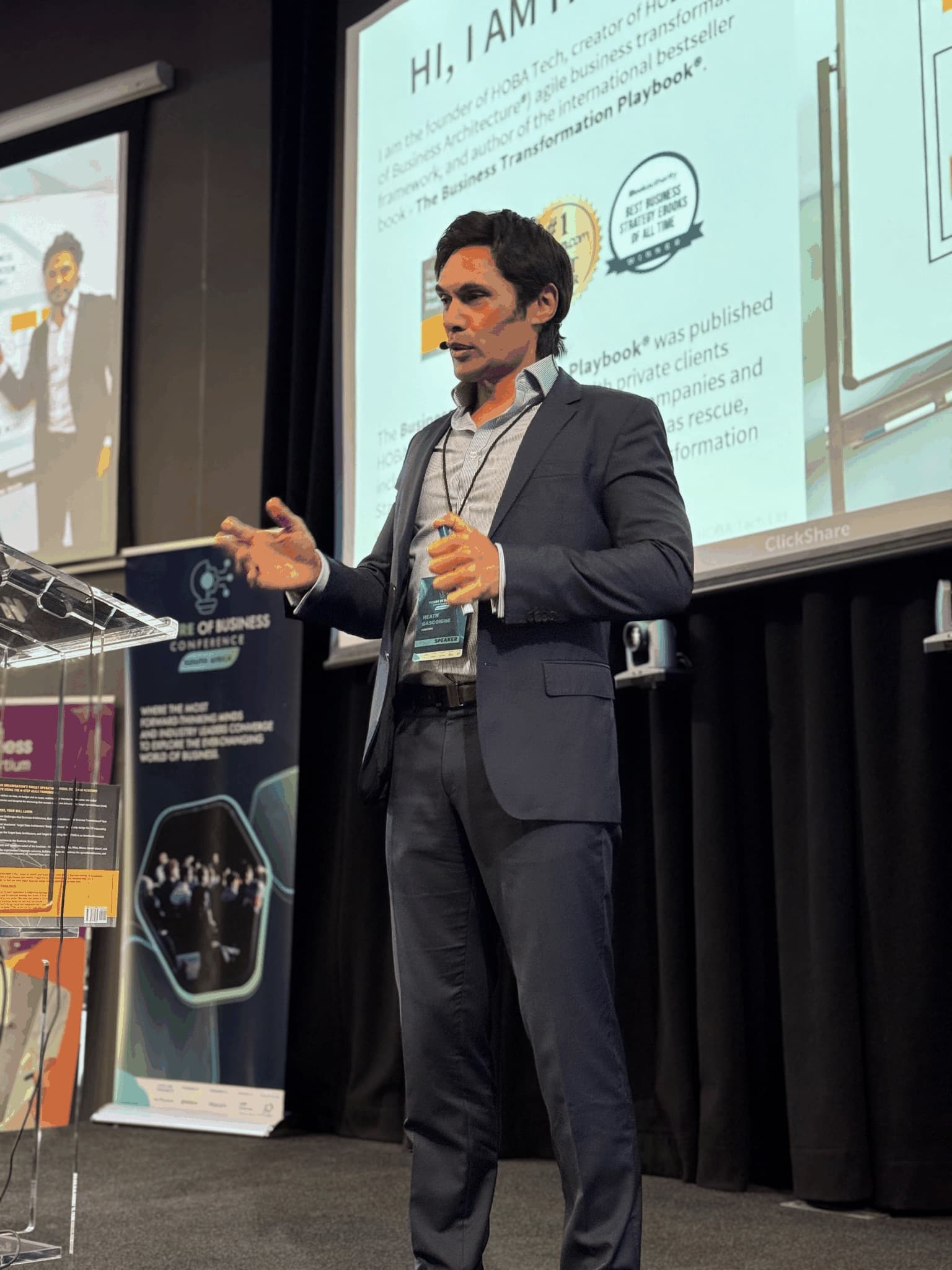 Heath Gascoigne keynote presentation at Future of Business Conference Heath Gascoigne, Hoba Tech CEO, delivering keynote presentation on future of business at conference