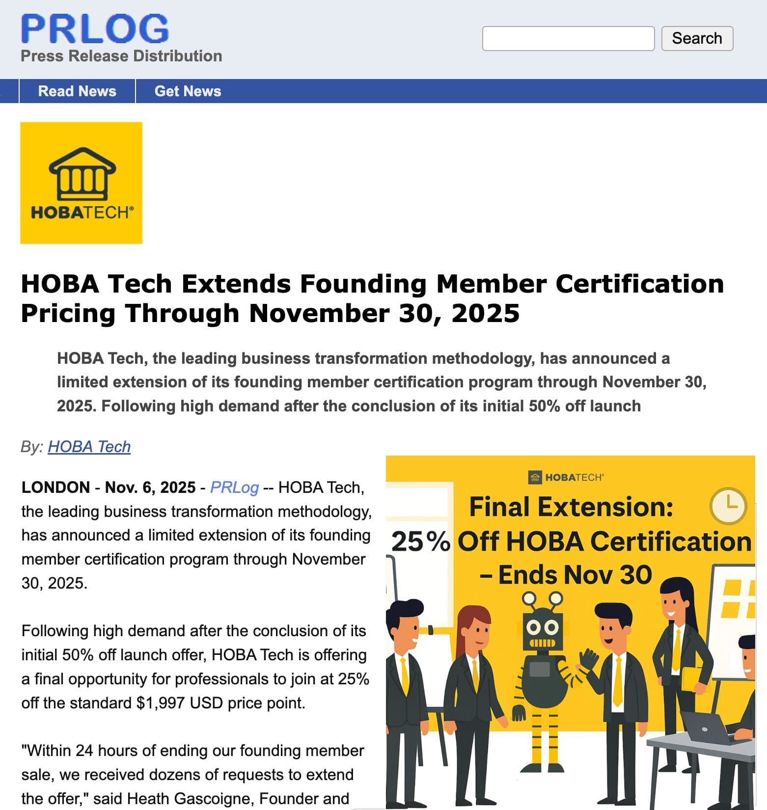 HOBA Tech extends founding member pricing through November 30 2025 announcement poster HOBA Tech extends founding member pricing through November 30 2025 announcement poster