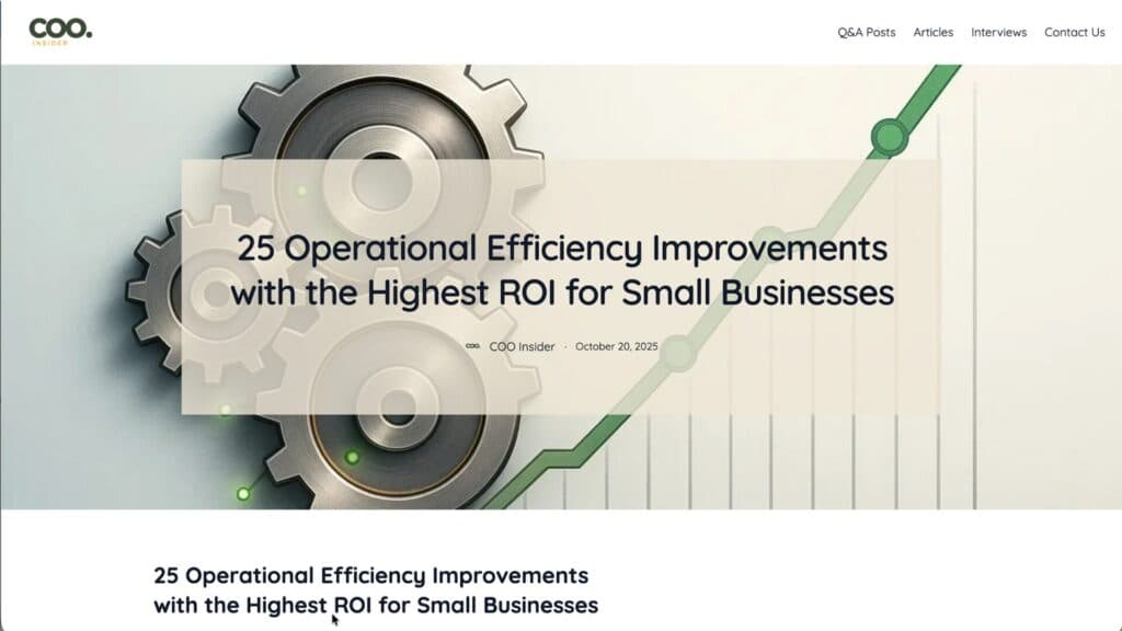 Wide screenshot of COO Insider article header showing gears and growth chart with the title "25 Operational Efficiency Improvements with the Highest ROI for Small Businesses"
