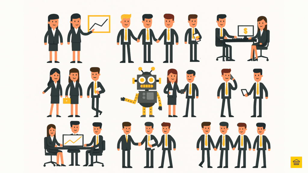 Flat vector illustration of a business meeting showing a flashy consulting presentation contrasted with a HOBA-style blueprint session, highlighting the difference between traditional consulting and business-led transformation.