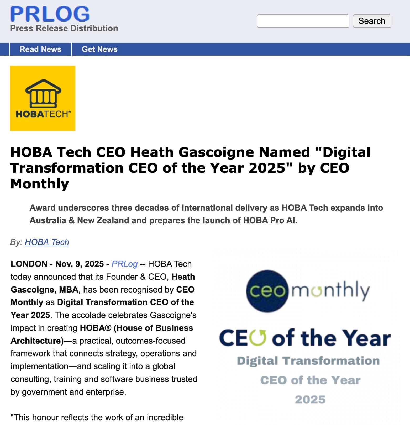 HOBA Tech CEO Heath Gascoigne wins CEO Monthly Digital Transformation CEO of the Year 2025