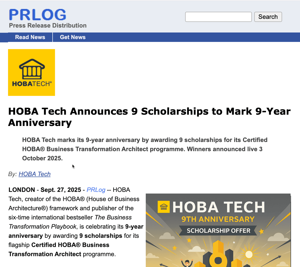 HOBA Tech 9th anniversary scholarship offer graphic — celebrating nine scholarships for the Certified HOBA® Business Transformation Architect programme, with HOBA Tech branding and abstract celebratory design.