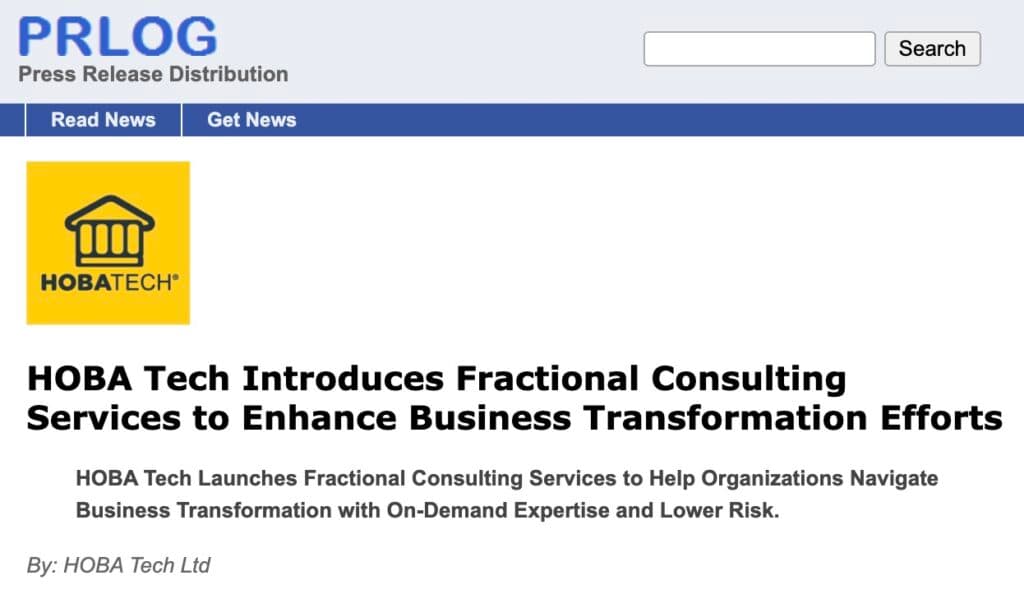 Press release announcing HOBA Tech Fractional Consulting Launch with company details Press release announcing HOBA Tech Fractional Consulting Launch with company details