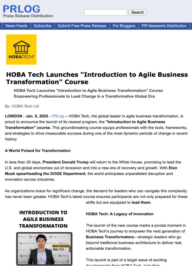 Press Release-HOBA Tech Launches “Introduction to Agile Business Transformation” Course Press Release-HOBA Tech Launches “Introduction to Agile Business Transformation” Course