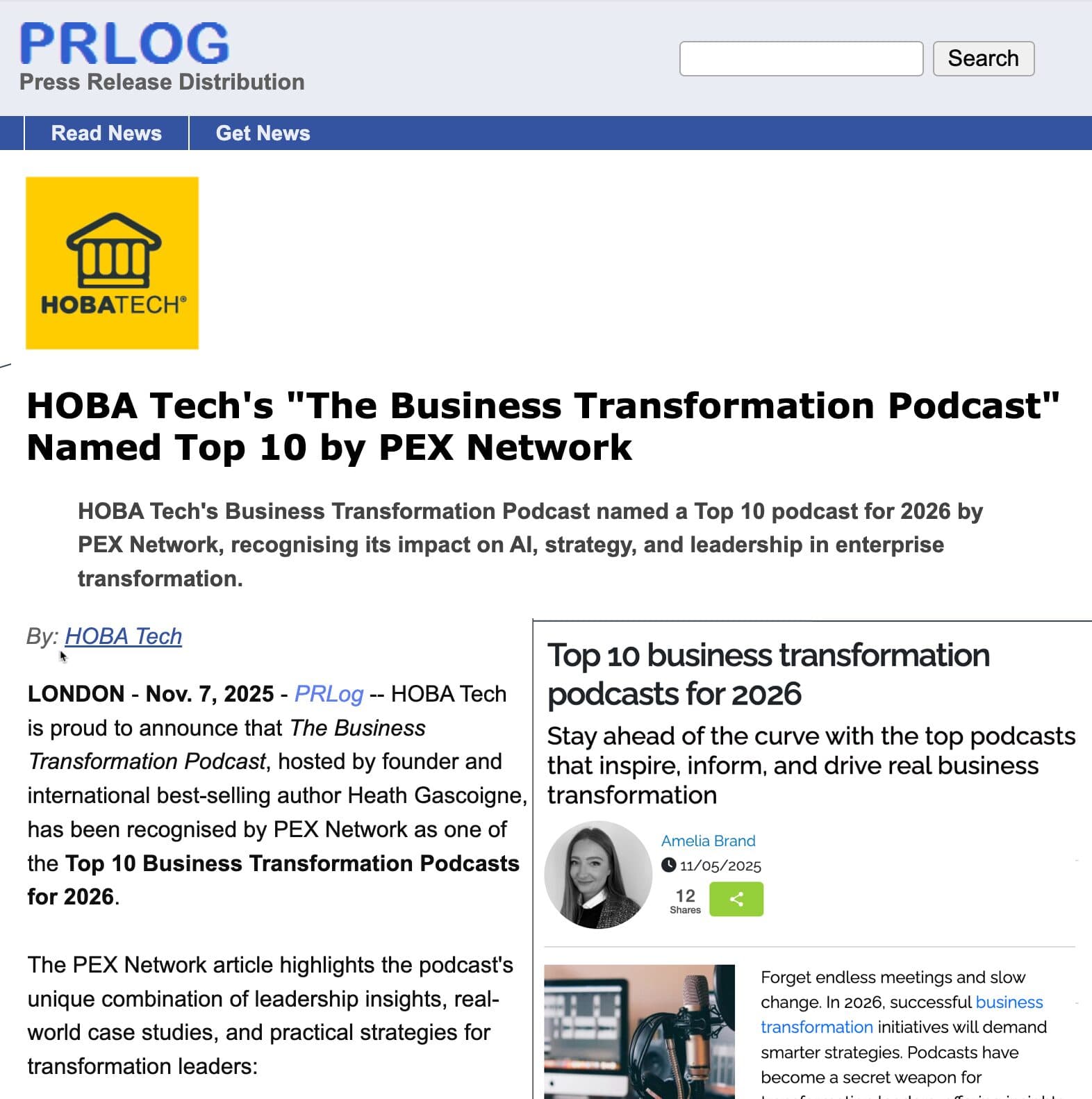 Press release announcing Top 10 Business Transformation Podcasts for 2026 — HOBA Tech Makes the List Press release announcing Top 10 Business Transformation Podcasts for 2026 — HOBA Tech Makes the List
