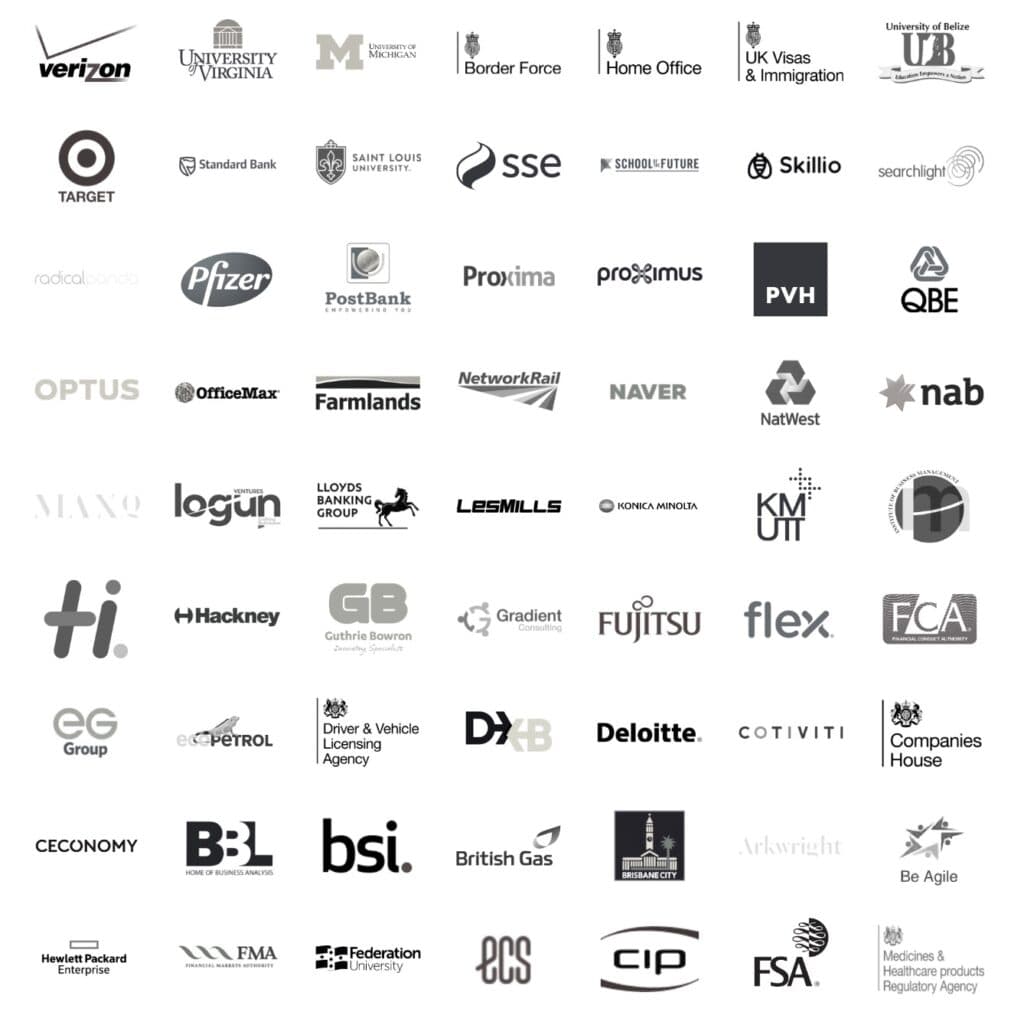 Logos of leading companies and organisations that trust HOBA for their business transformation initiatives.