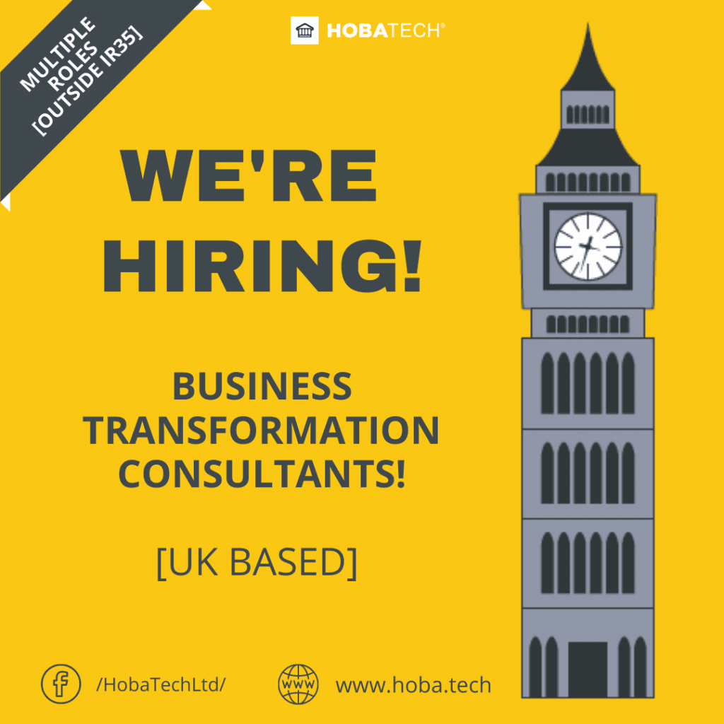 We're Hiring Business Transformation Consultants ribbon banner promoting UK-based Outside IR35 roles We're Hiring Business Transformation Consultants ribbon banner promoting UK-based Outside IR35 roles