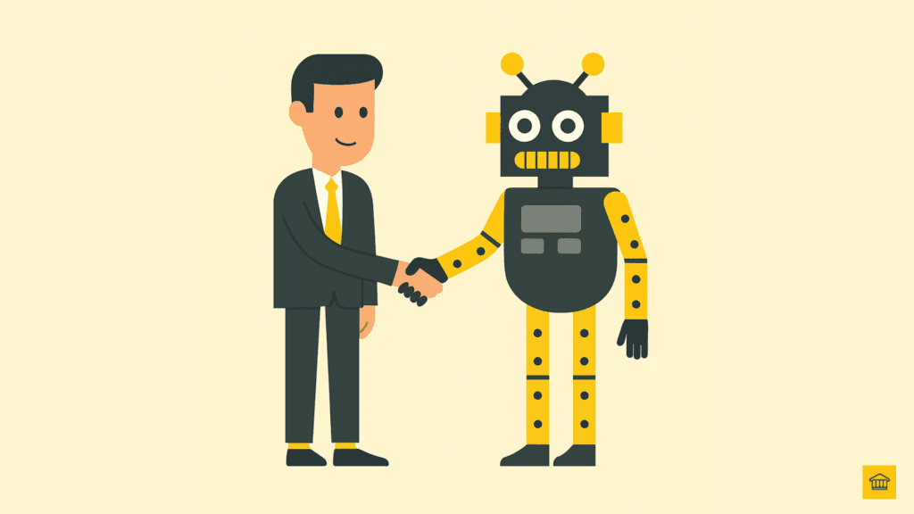 Illustration of a woman shaking hands with a robot while two male business professionals stand nearby giving approval, representing the partnership between business and AI.