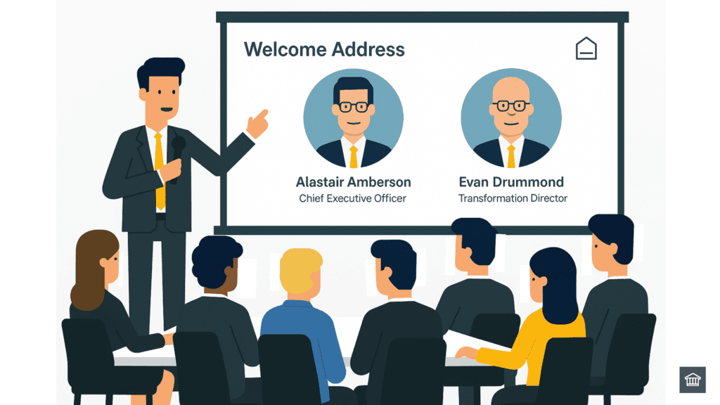 A consultant kicks off the TOM workshop with a welcome address — impressive start, but will it move beyond marketecture?