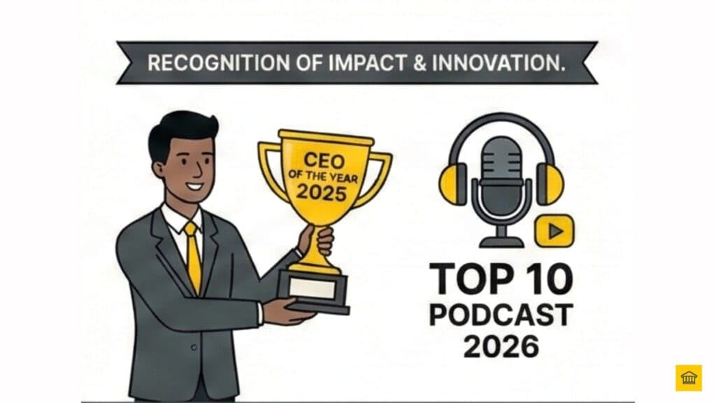A celebration of impact and innovation featuring a "CEO of the Year 2025" trophy and a "Top 10 Podcast 2026" badge.