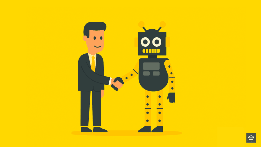 A HOBA Tech consultant in a fitted grey suit with yellow tie shakes hands with a robot, symbolising human–AI partnership in business transformation.