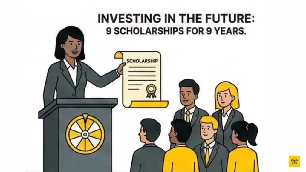 A presentation scene awarding a scholarship, highlighting the initiative "Investing in the Future: 9 Scholarships for 9 Years."