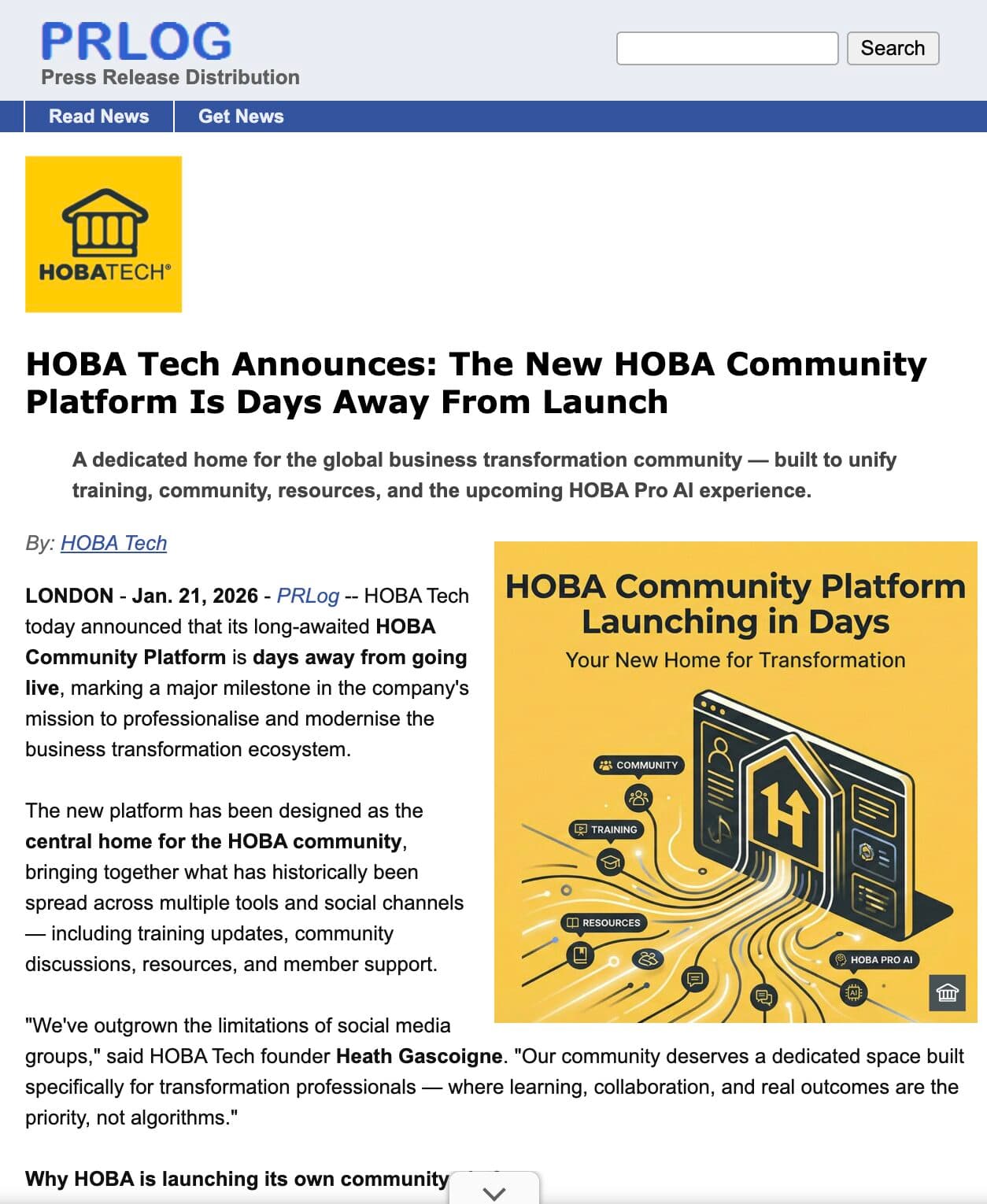 Press release: HOBA Community Platform launching in days, migration starts now announcement Press release: HOBA Community Platform launching in days, migration starts now announcement