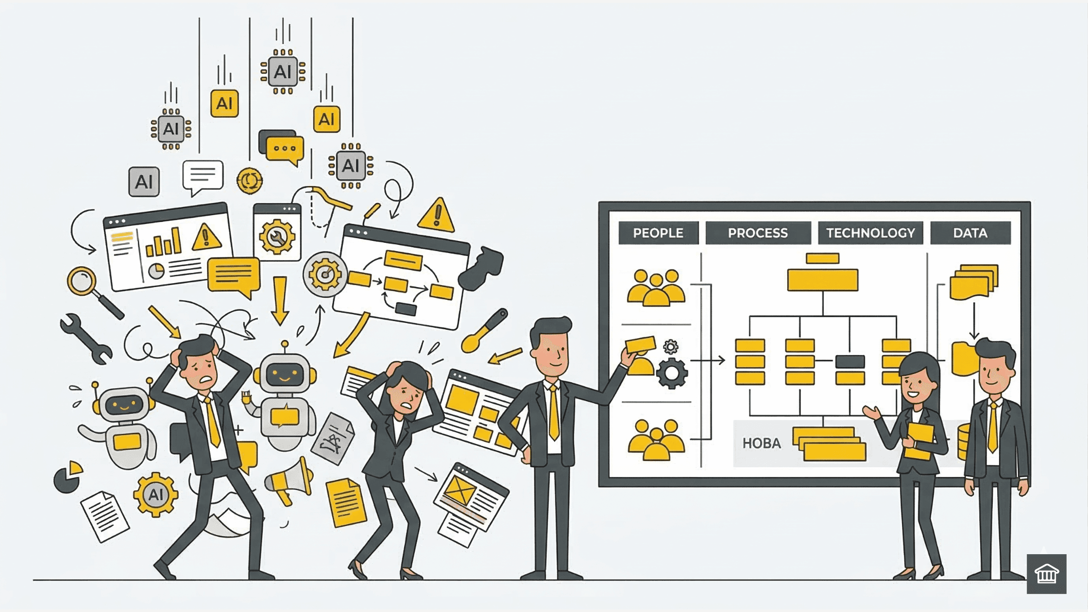A business team aligned around a HOBA transformation board showing the four levers: people, process, technology, and data, resulting in clear, measurable business outcomes.