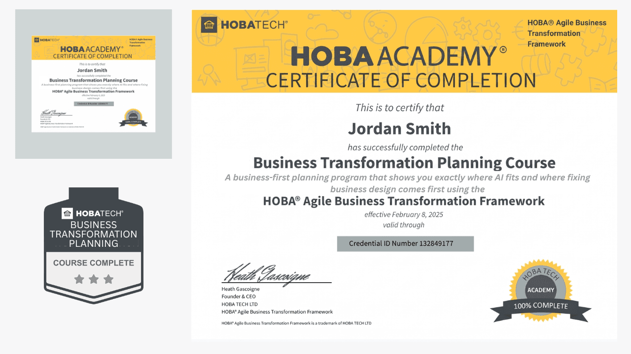 Business Transformation Planning Certificate and Badge HOBA Academy Business Transformation Planning certificate and badge demonstrating mastery of the HOBA planning method