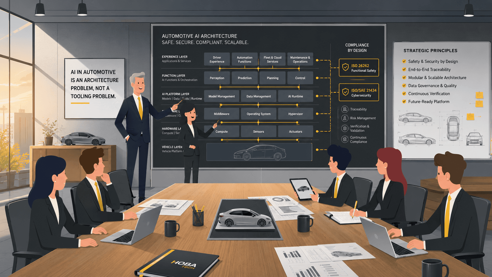 Automotive AI readiness platform Automotive strategy leaders reviewing AI-ready architecture in a design studio