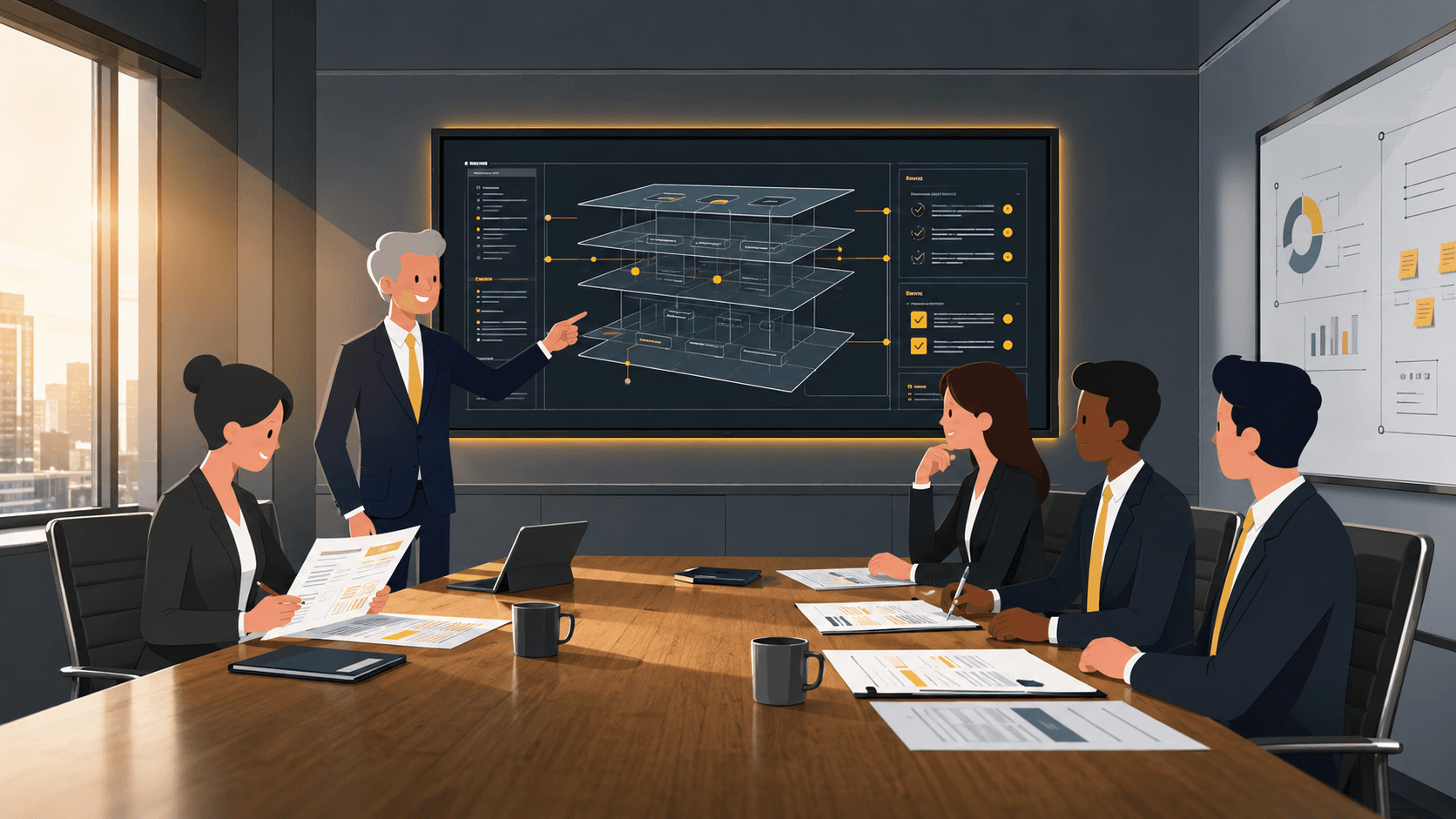 Financial services transformation platform Financial services executives reviewing compliance-aligned architecture in a boardroom