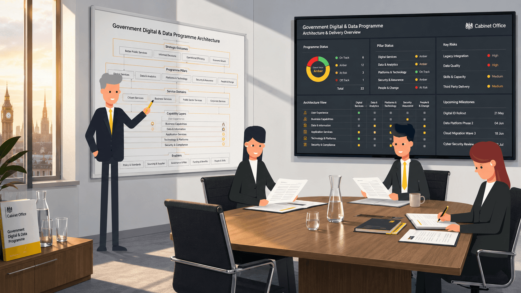Government transformation platform Government transformation leaders reviewing architecture in a strategy room