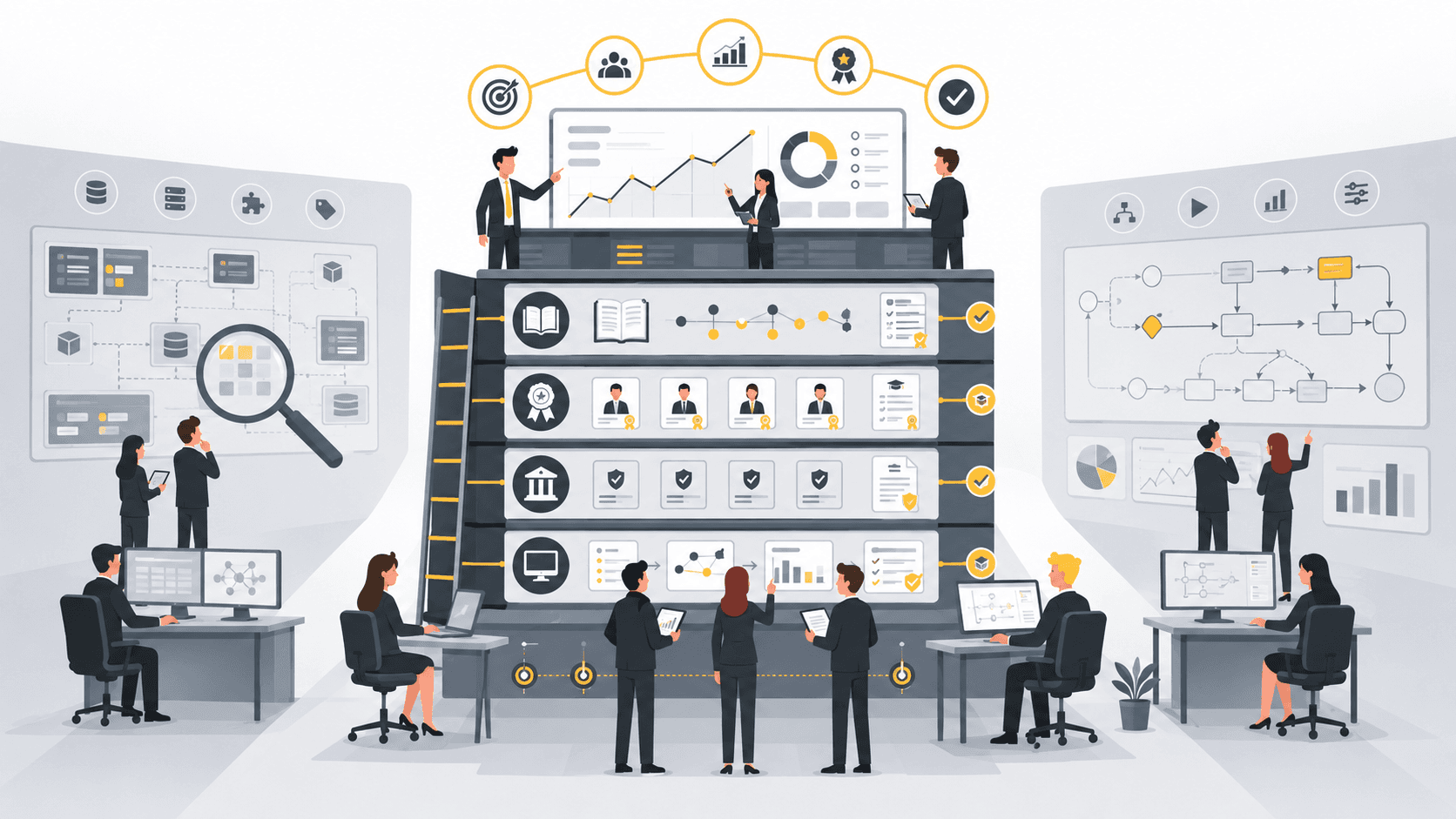 HOBA vs LeanIX vs BusinessOptix comparison Diverse professional team collaborating around a digital architecture diagram