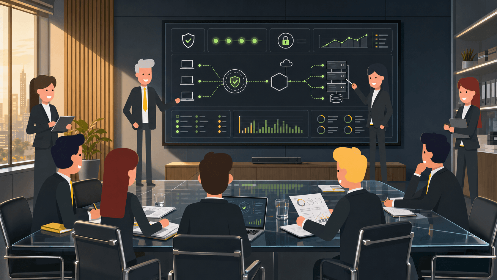 SOC 2 GDPR compliance security platform Security professionals reviewing a live security dashboard and zero-trust architecture