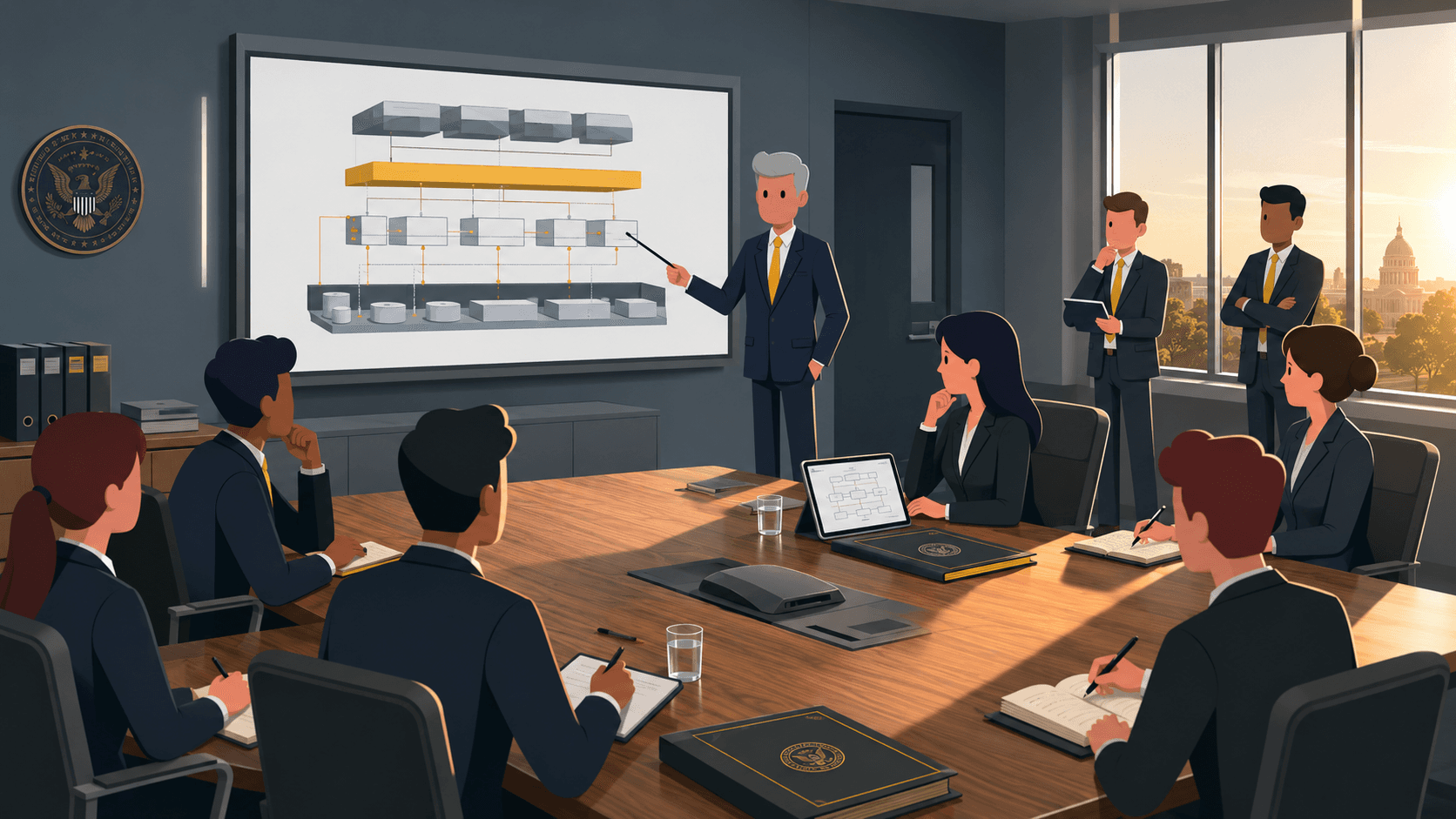 Self-hosted transformation platform Security architects and compliance officers reviewing deployment architecture in a secure briefing room
