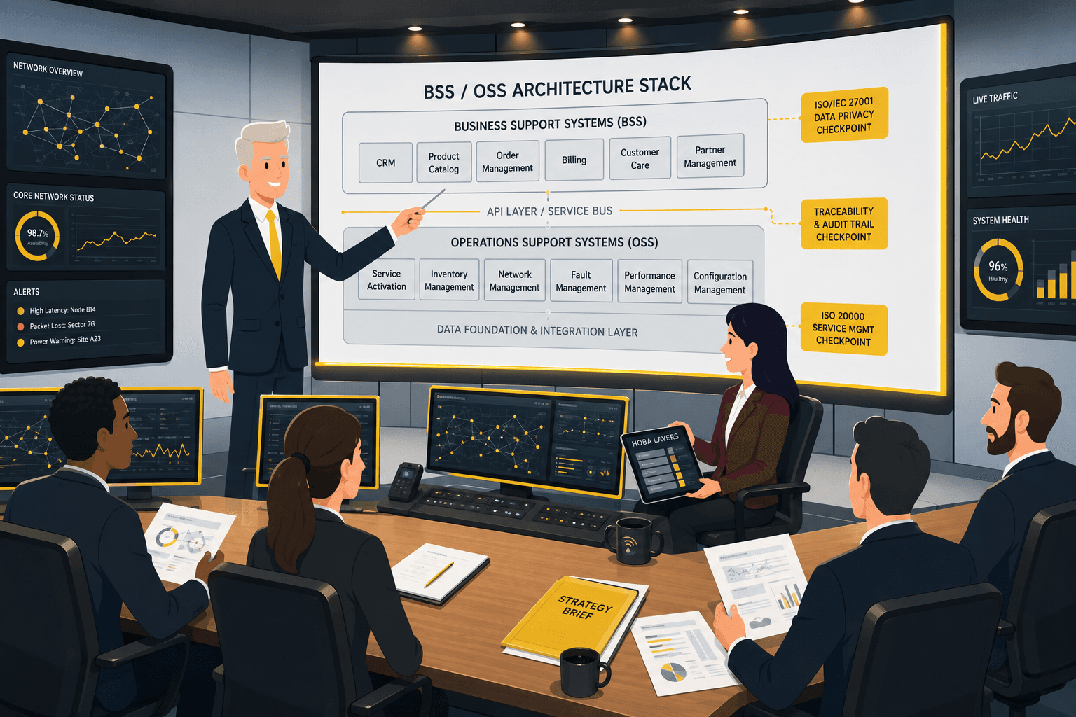 Telecom BSS/OSS transformation Telecom architects reviewing BSS/OSS separation architecture in a network operations centre