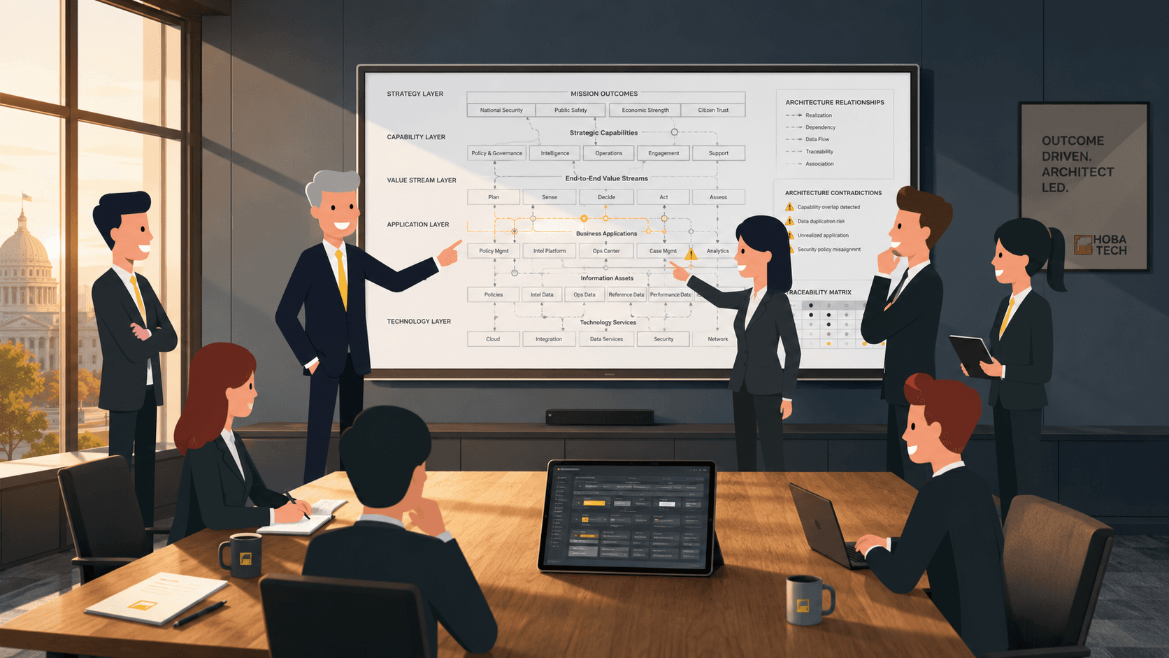 AI transformation platform Technical leaders reviewing an AI-enabled architecture blueprint on a digital whiteboard