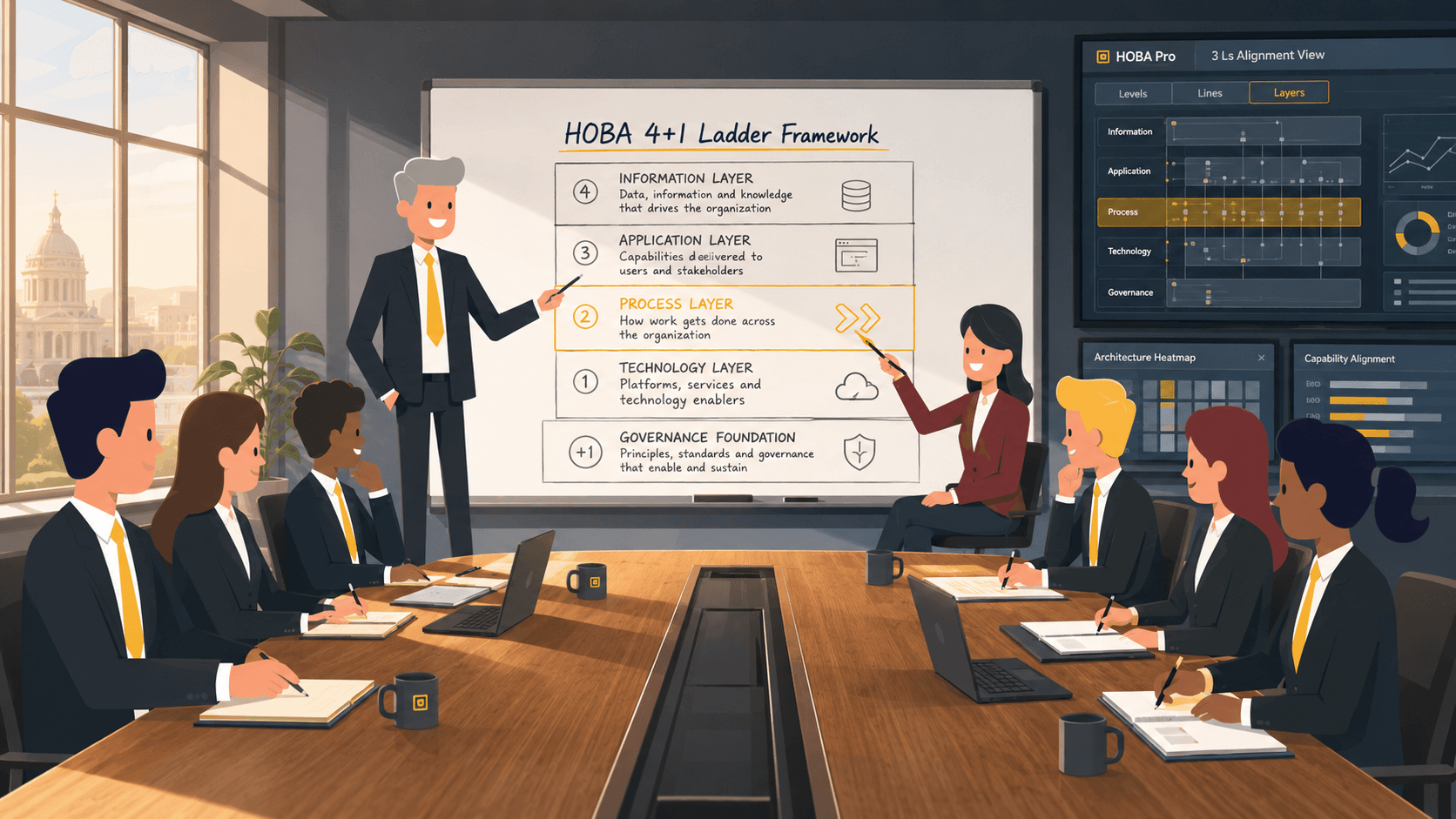 HOBA Pro business architecture software Business architects reviewing the HOBA 4+1 Ladder framework in a government briefing room