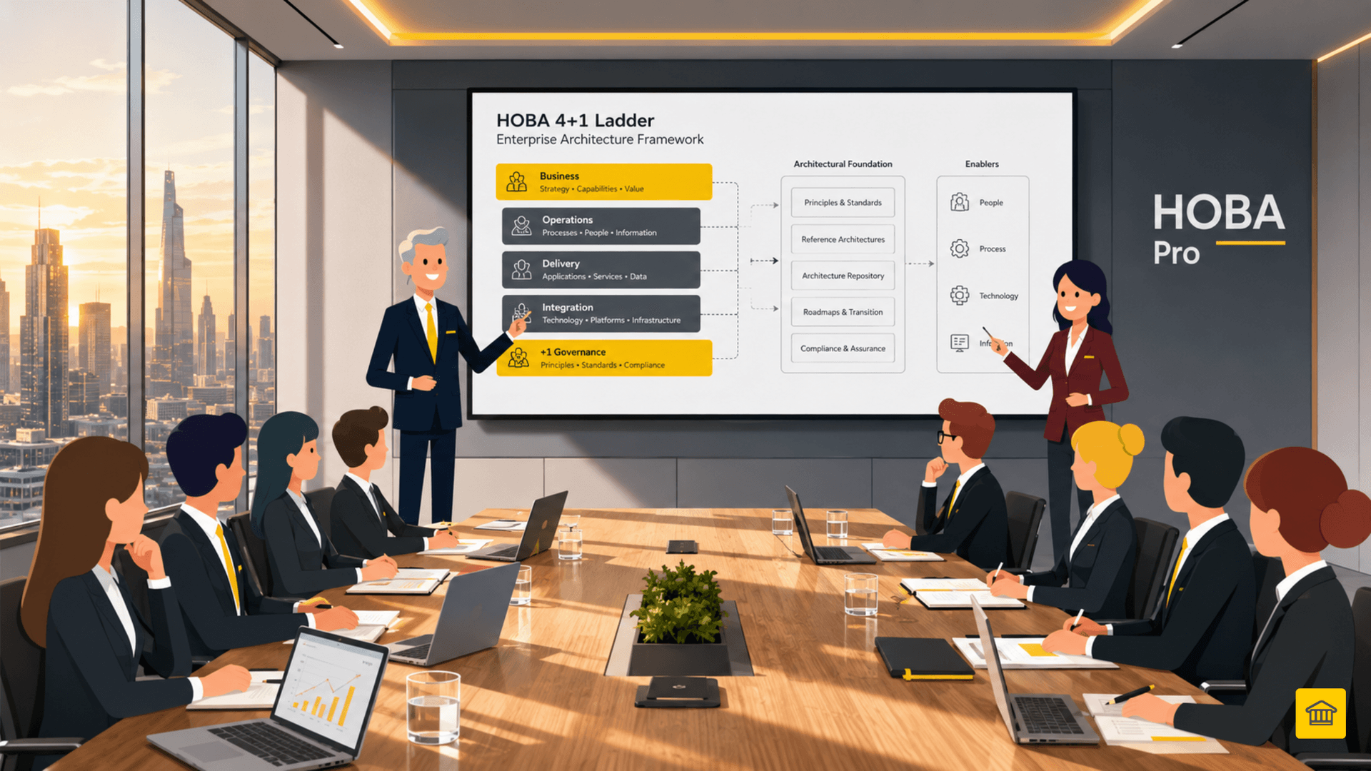 HOBA Pro business-led transformation platform Senior leaders presenting the HOBA architecture framework in a boardroom
