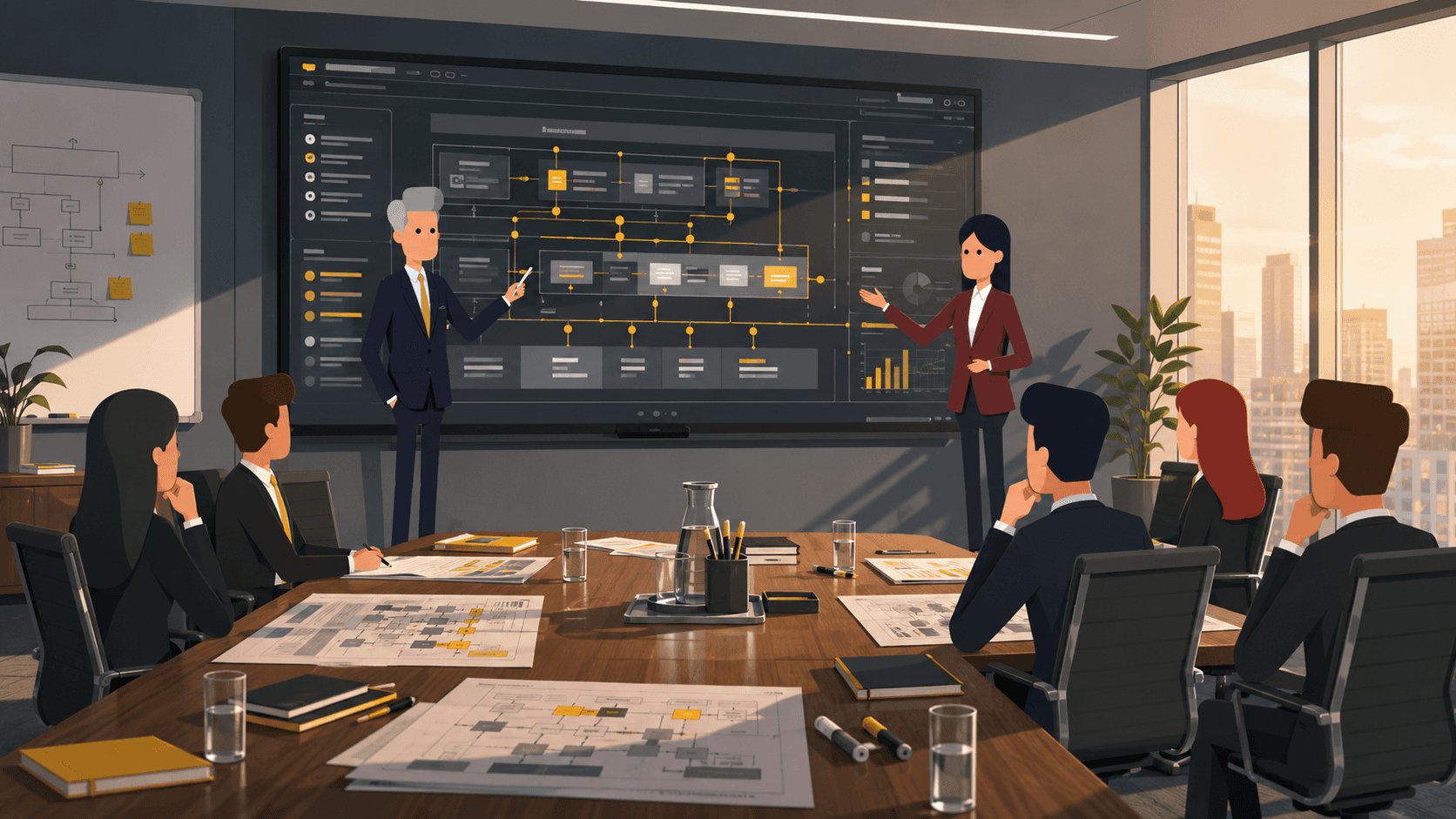 Enterprise architecture platform Enterprise architects reviewing a live connected architecture map in a government briefing room