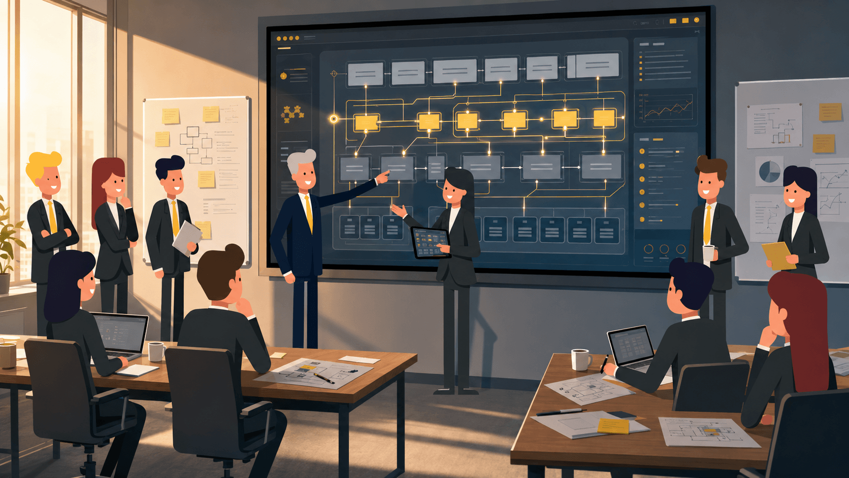Target operating model software Transformation leaders reviewing a live target operating model on a large interactive display