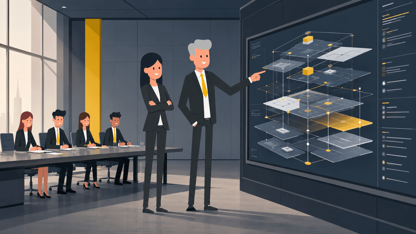 HOBA vs SAP Signavio comparison Senior leaders reviewing business architecture in a corporate boardroom
