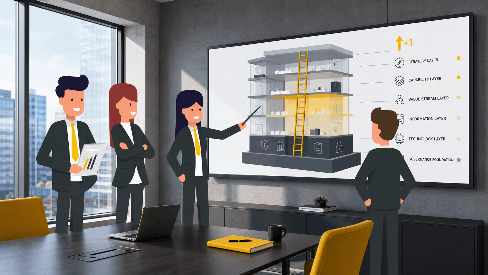 HOBA vs Business Design comparison Business professionals reviewing the HOBA 4+1 Ladder architecture diagram