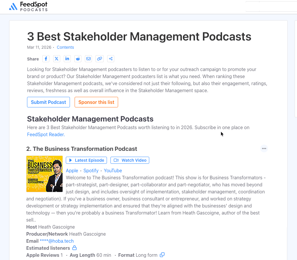 FeedSpot Top 3 Stakeholder Management Podcast — The Business Transformation Podcast