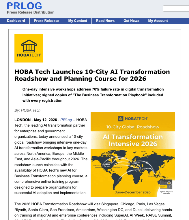 Press Release: HOBA Tech Launches 10-City Global AI Transformation Roadshow Press Release: HOBA Tech Launches 10-City Global AI Transformation Roadshow