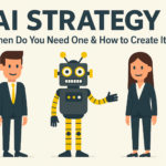 Illustration of a male and female business professional standing with a robot, symbolising business leaders and AI collaborating on strategy