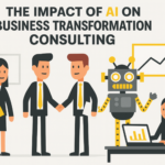 Flat vector illustration of a business transformation workshop with consultants and a robot collaborating around laptops and whiteboards, emphasizing the role of AI in modern consulting and transformation delivery.
