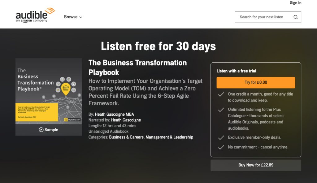 Business Transformation Playbook AudioBook Listing Page Audible Listen for FREEE