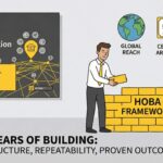 Team collaboration graphic showing HOBA Tech building a strong foundation and supporting 9 years of scholarships.