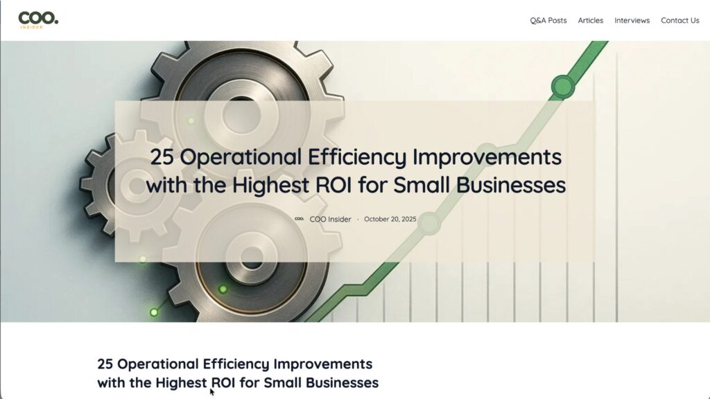 Wide screenshot of COO Insider article header showing gears and growth chart with the title "25 Operational Efficiency Improvements with the Highest ROI for Small Businesses"