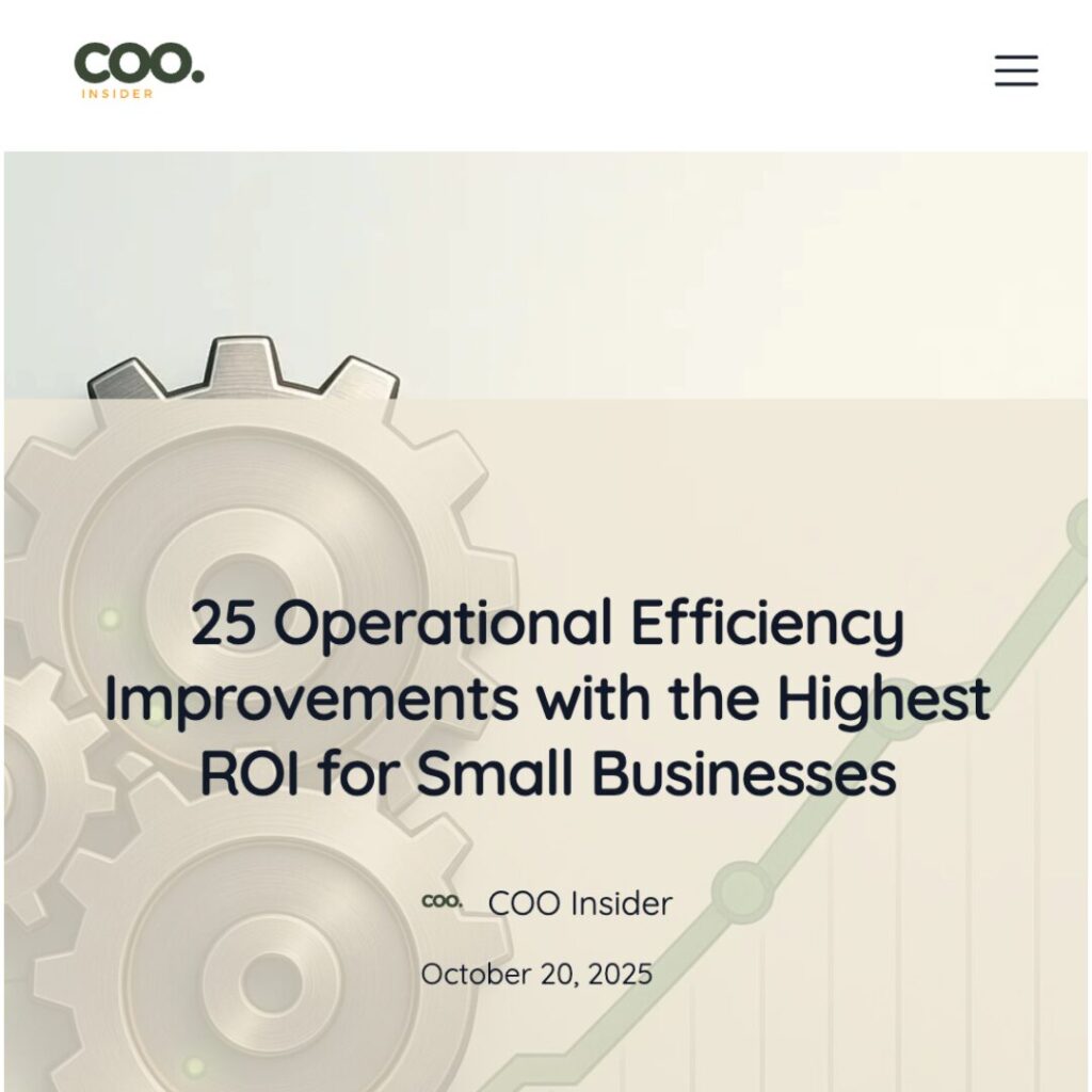 Screenshot of COO Insider article titled "25 Operational Efficiency Improvements with the Highest ROI for Small Businesses" featuring operational gears graphic