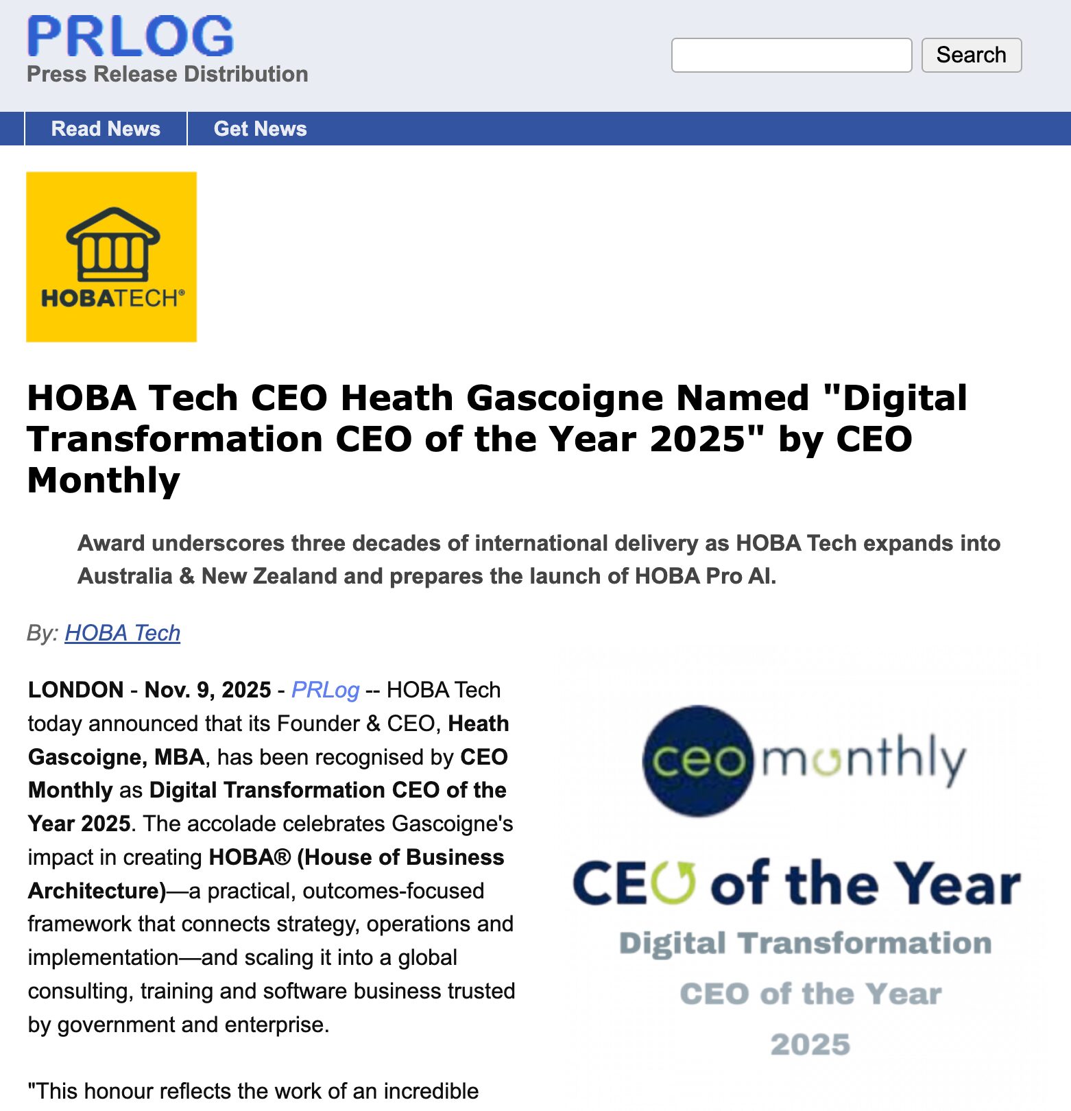 HOBA Tech CEO Heath Gascoigne wins CEO Monthly Digital Transformation CEO of the Year 2025