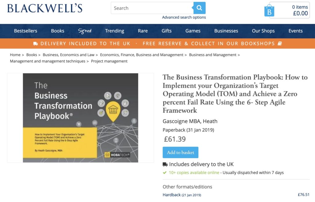 The Business Transformation Playbook available in Blackwells across the UK