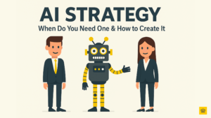 Illustration of a male and female business professional standing with a robot, symbolising business leaders and AI collaborating on strategy